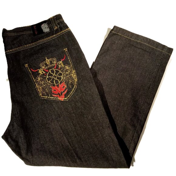 RED APE Jeans  sz 44  Dark Wash  RED/GOLD Metallic Stitch  Baggy  Loose-Fit  EXC - Picture 1 of 12